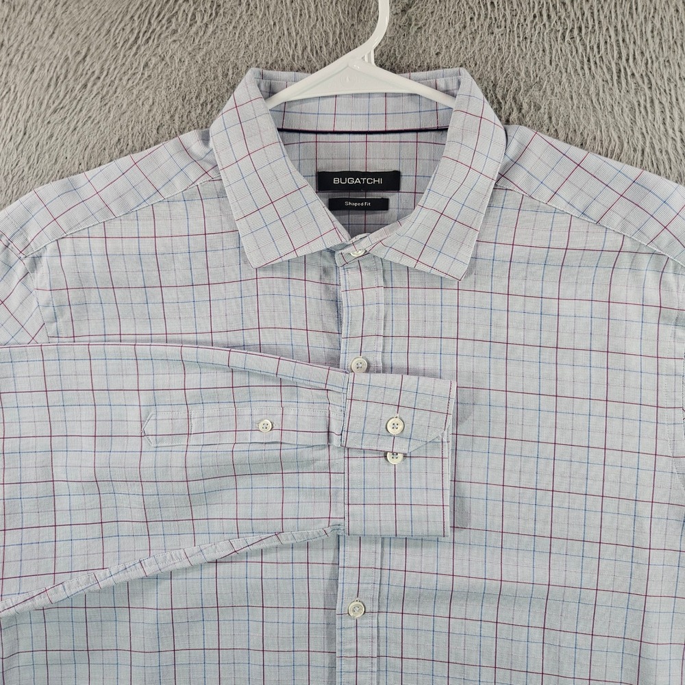 Bugatchi Mens Shaped Fit Long Sleeve Button Down Shirt Blue Check Stretch L